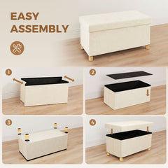 HOMCOM Velvet Upholstered Foldable Ottoman Footrest, Storage Ottoman Bench with Wood Legs for Living Room, Cream White