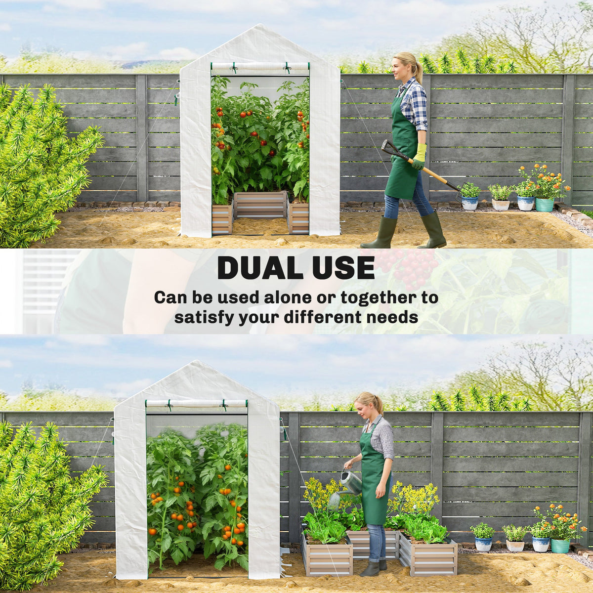 Outsunny Mini Greenhouse with Raised Garden Bed, Galvanised Walk-in Greenhouse with Roll Up Windows, 56" x 56" x 75", White