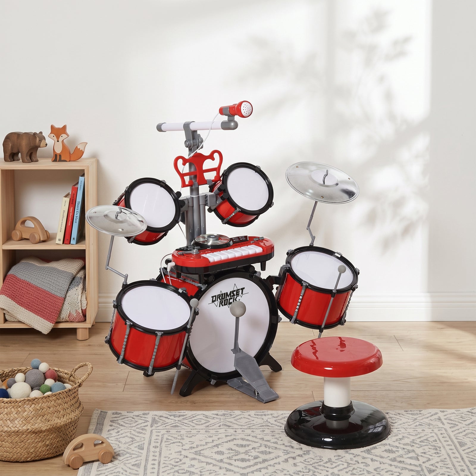 HOMCOM Kids Drum Set for Beginners, Drum Kit with Toy Microphone, Cymbal, Pedal & Drumsticks, Educational Musical Toy, Red