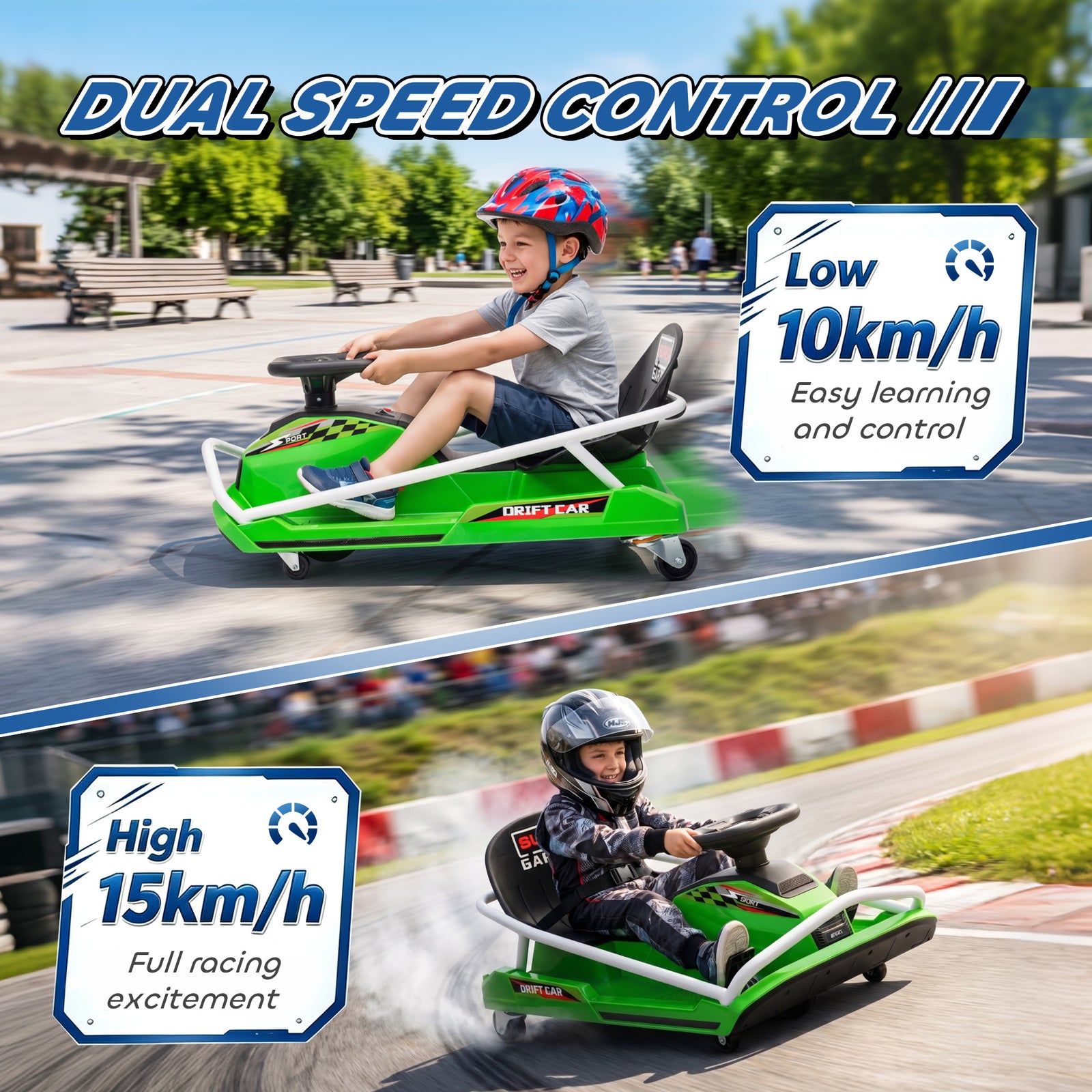 AIYAPLAY 24V Electric Go Kart for Kids with Drift Mode, 300W Brushless Motor, Soft Start and Dual Speed for Ages 6-10, Green