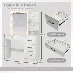 Makeup Vanity Desk Dressing Table with Mirror Lights and Charging Station-White