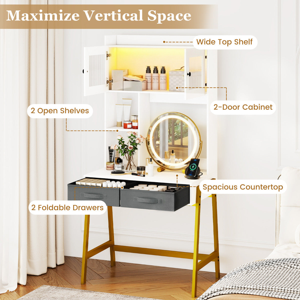 Makeup Vanity Desk with Rotating Mirror and Adjustable Light-White