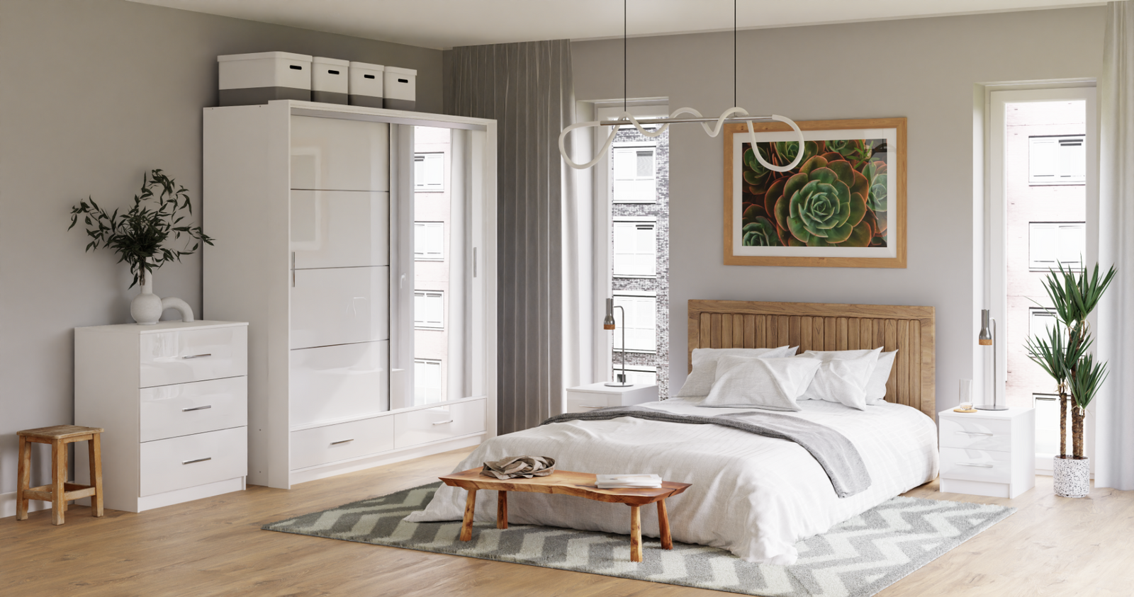 White Gloss Mirrored Sliding Door Wardrobe 208cm – EPSOM