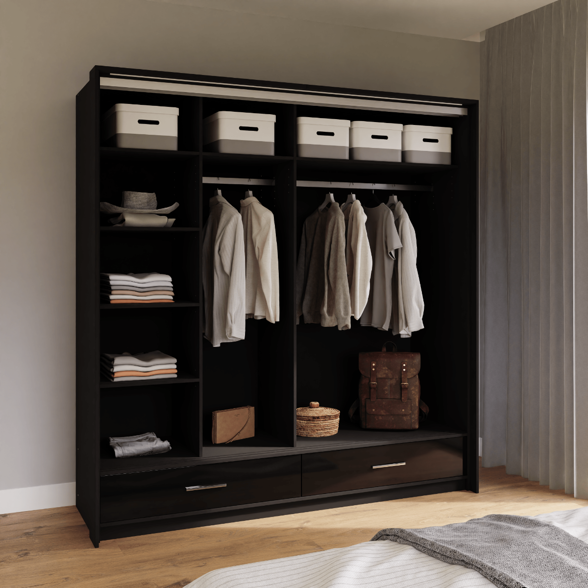 Black Gloss Mirrored Sliding Door Wardrobe 208cm – EPSOM