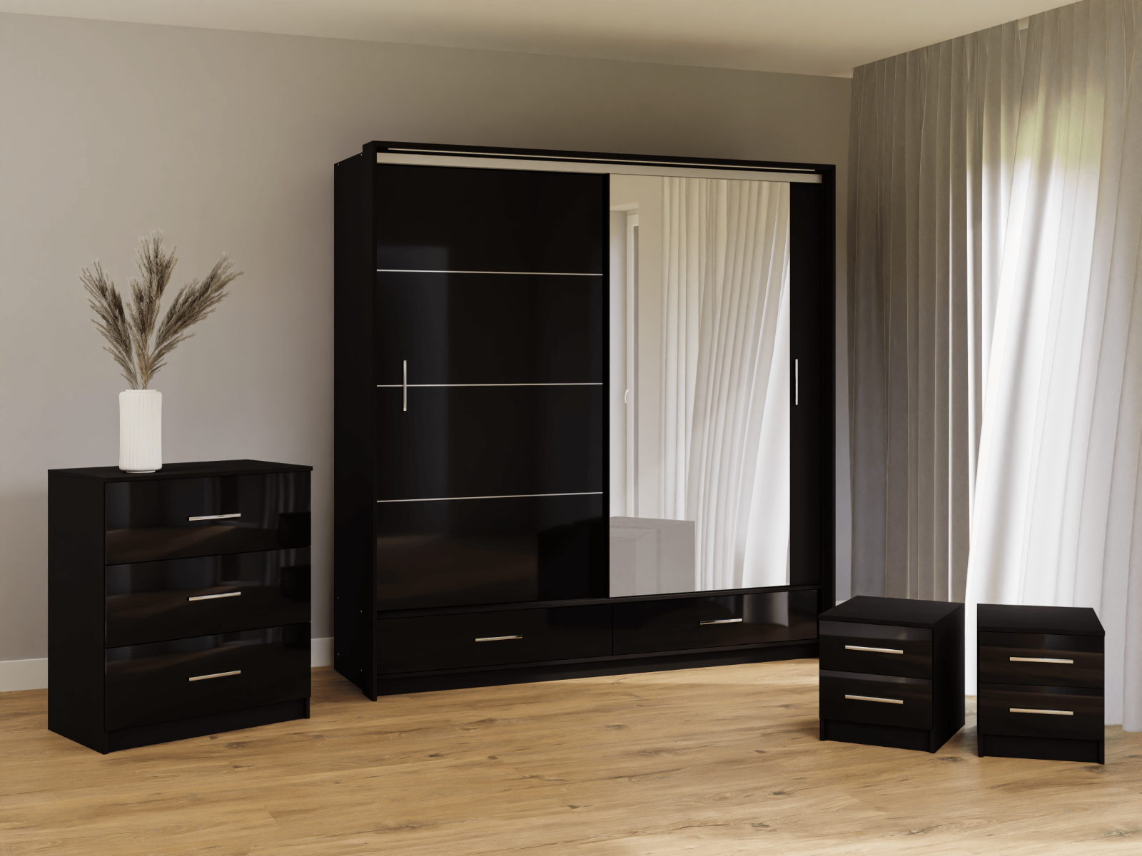 Black Gloss Mirrored Sliding Door Wardrobe 208cm – EPSOM