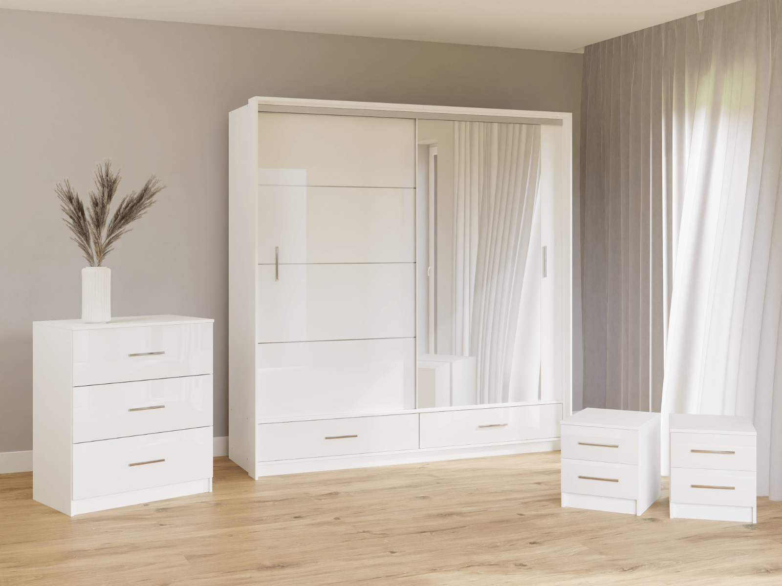 White Gloss Mirrored Sliding Door Wardrobe 208cm – EPSOM