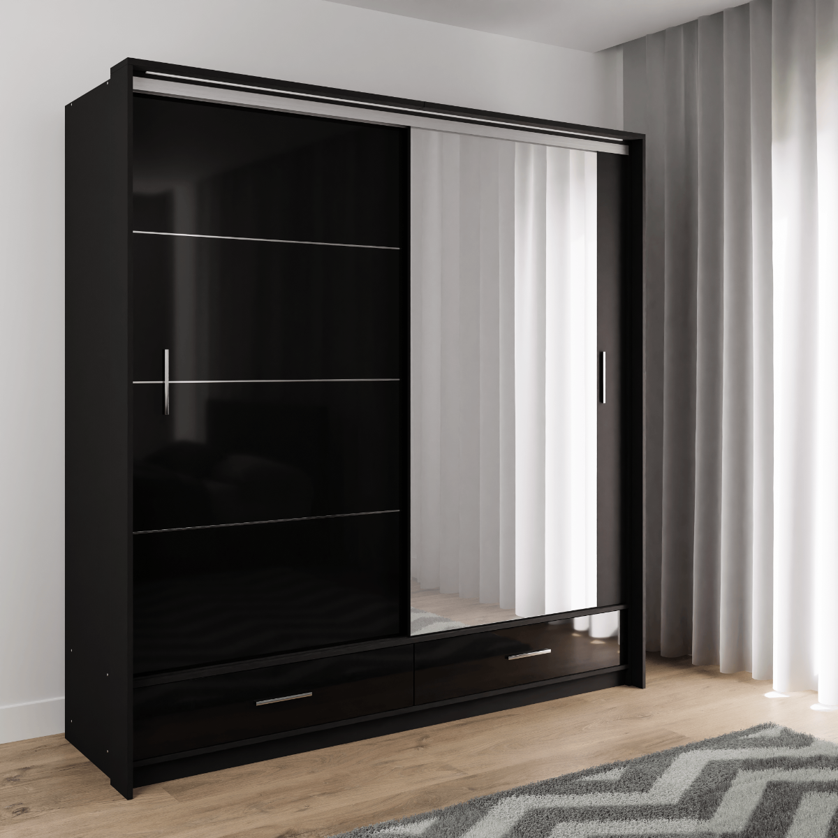 Black Gloss Mirrored Sliding Door Wardrobe 208cm – EPSOM