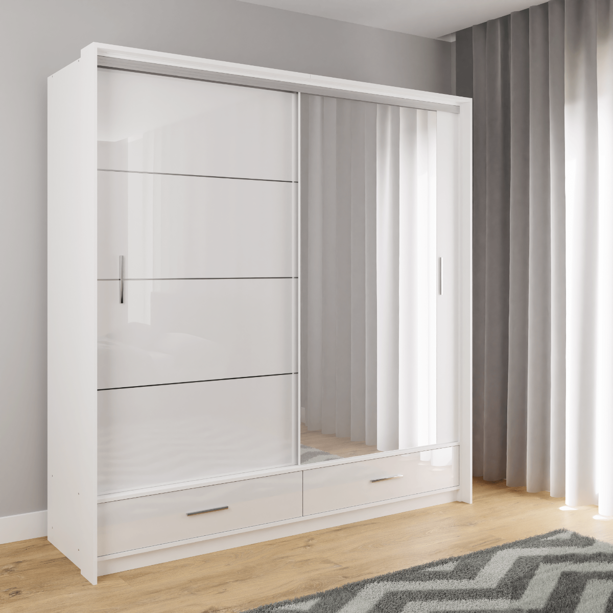 White Gloss Mirrored Sliding Door Wardrobe 208cm – EPSOM