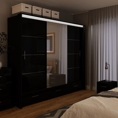 Black Gloss Mirrored Sliding Door Wardrobe 255cm – EPSOM