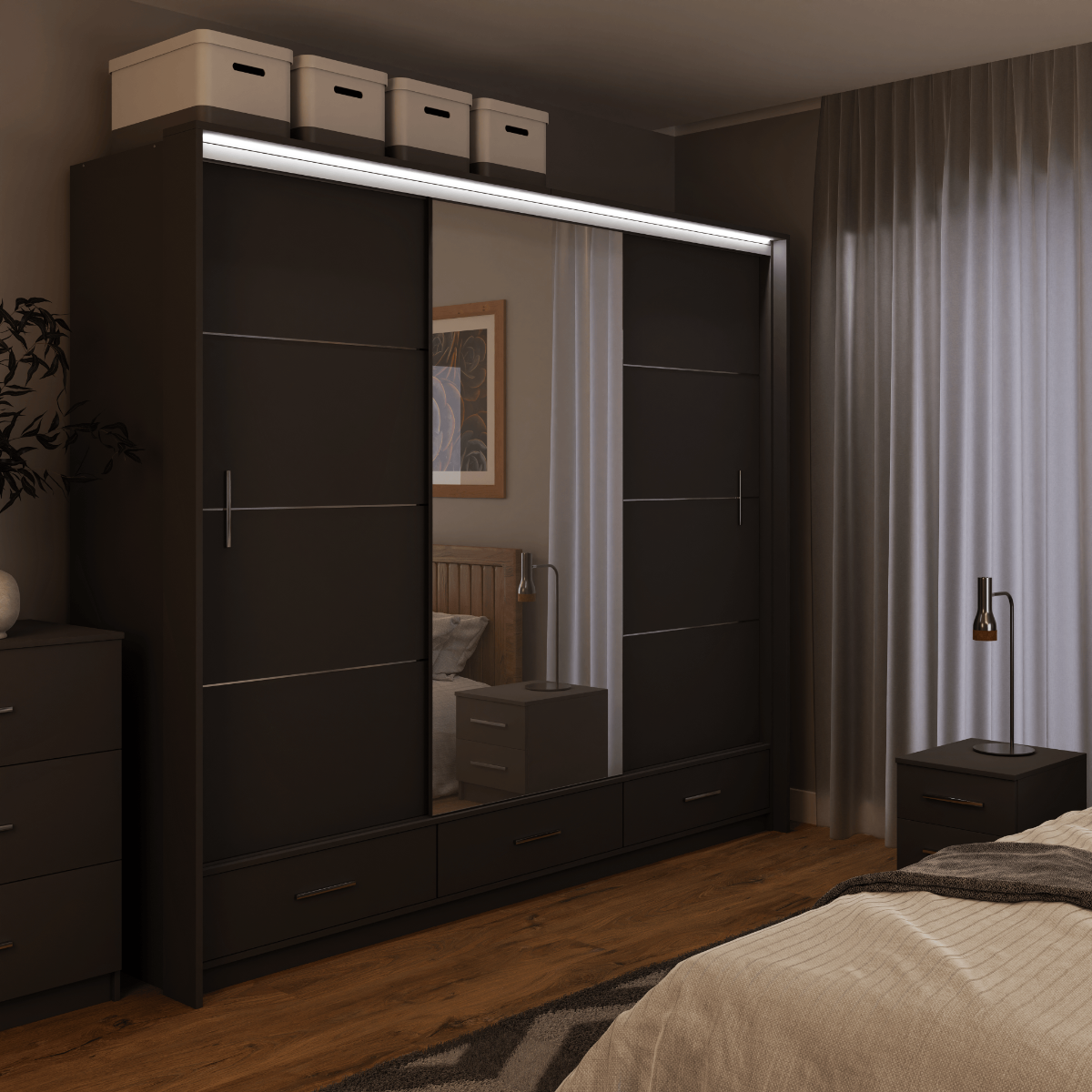 Graphite Mirrored Sliding Door Wardrobe 255cm – EPSOM