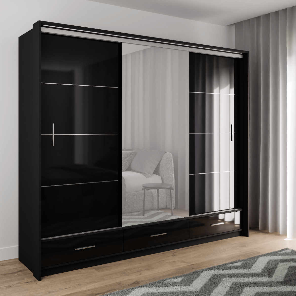 Black Gloss Mirrored Sliding Door Wardrobe 255cm – EPSOM