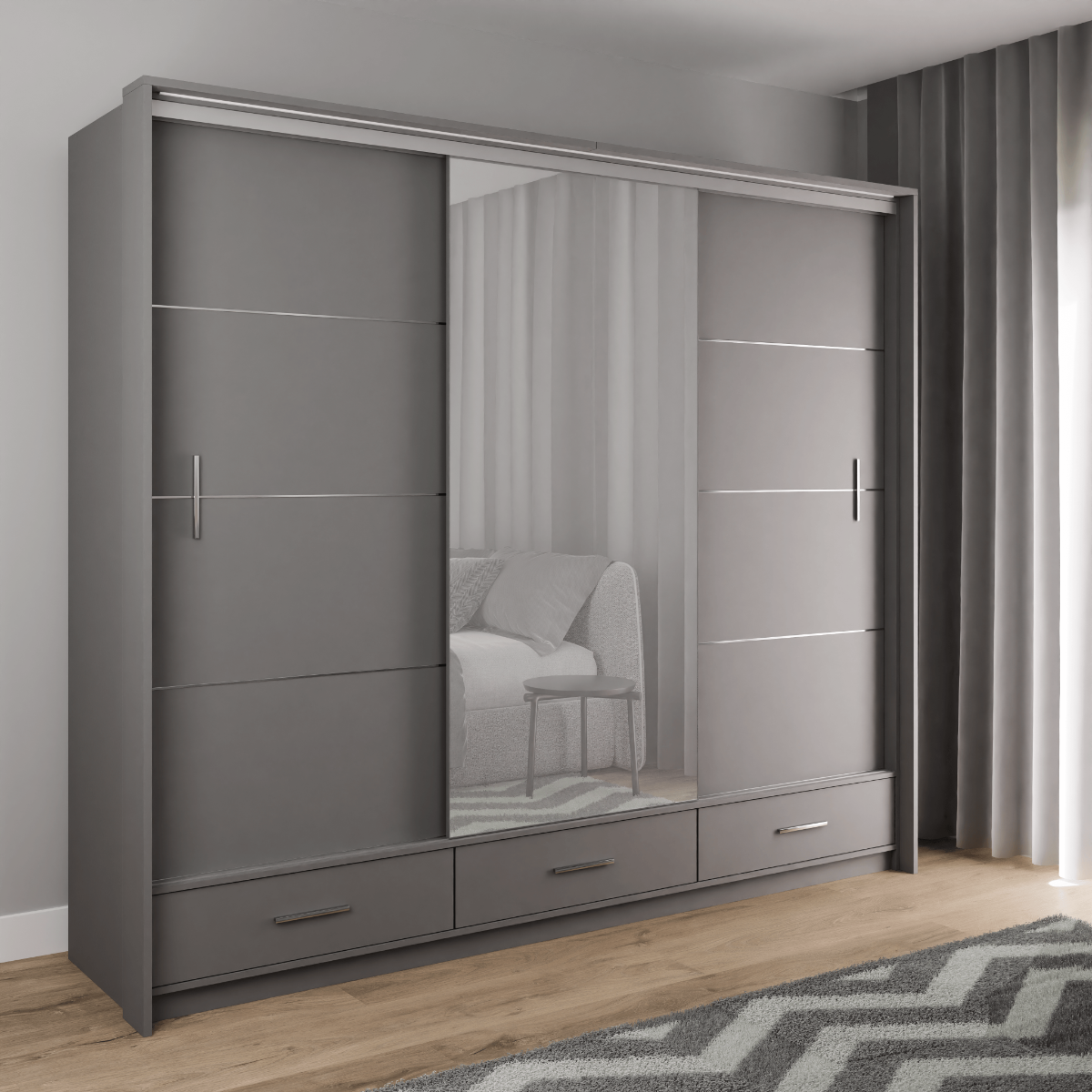 Graphite Mirrored Sliding Door Wardrobe 255cm – EPSOM