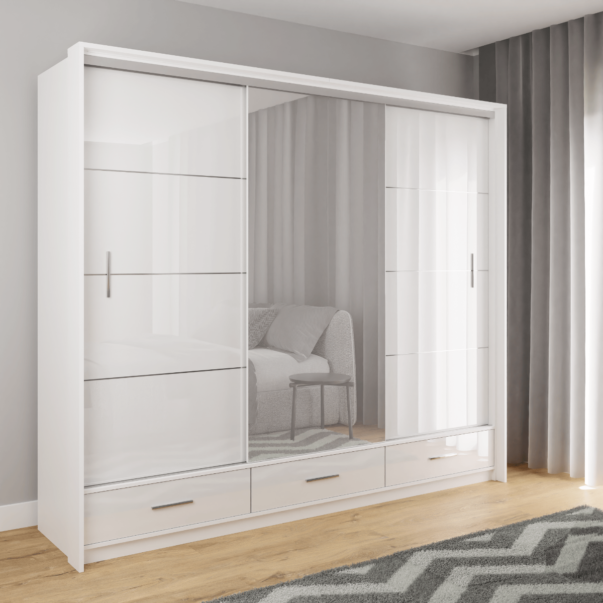 White Gloss Mirrored Sliding Door Wardrobe 255cm – EPSOM