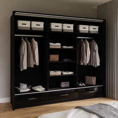 Black Gloss Mirrored Sliding Door Wardrobe 255cm – EPSOM