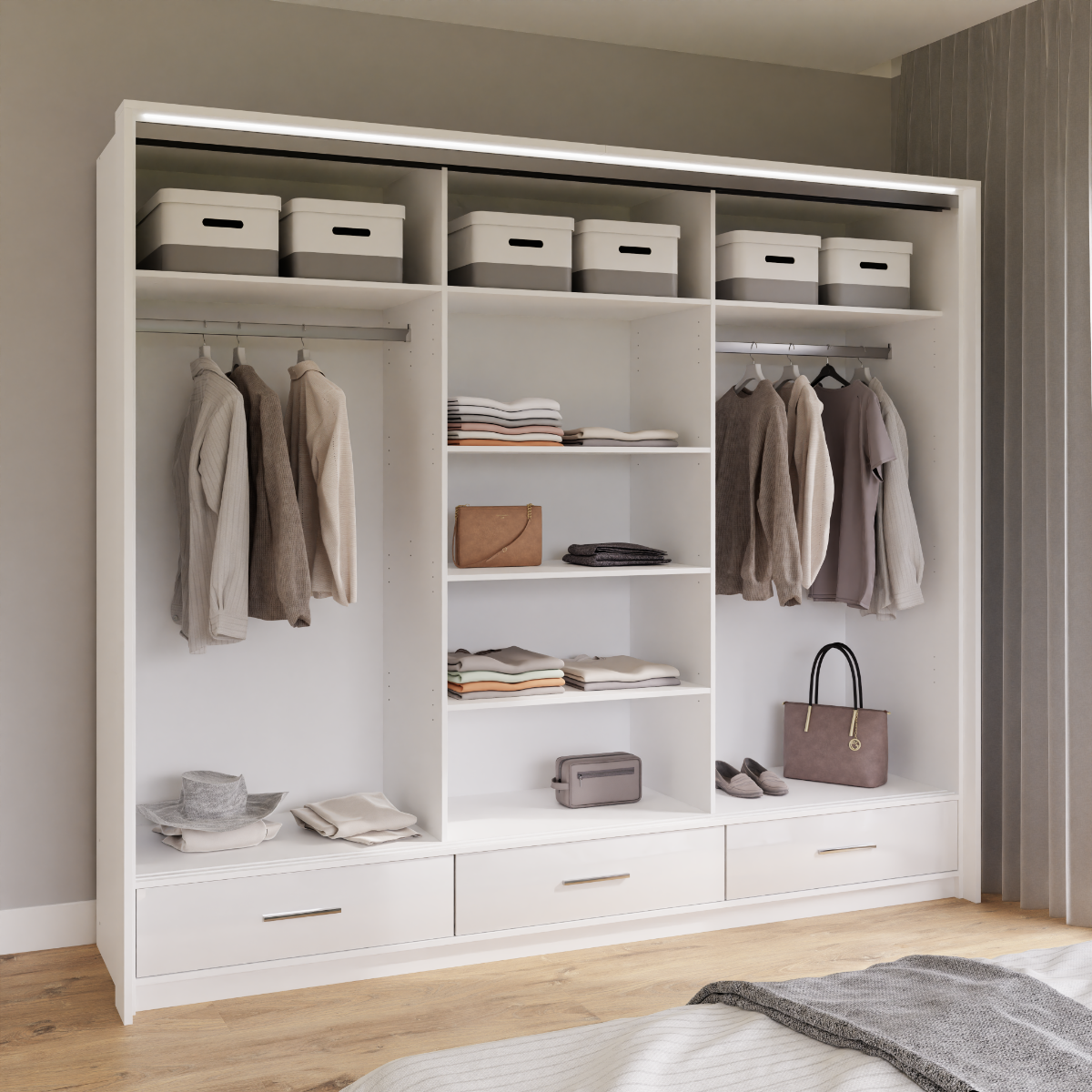 White Gloss Mirrored Sliding Door Wardrobe 255cm – EPSOM