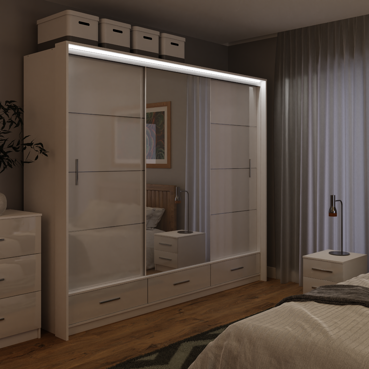 White Gloss Mirrored Sliding Door Wardrobe 255cm – EPSOM