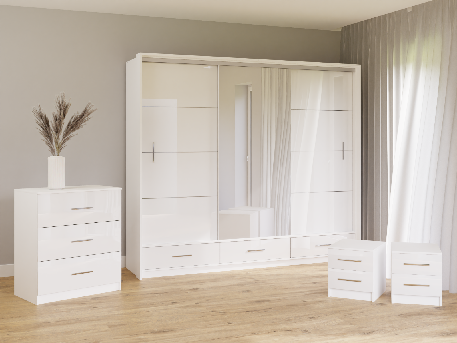White Gloss Mirrored Sliding Door Wardrobe 255cm – EPSOM