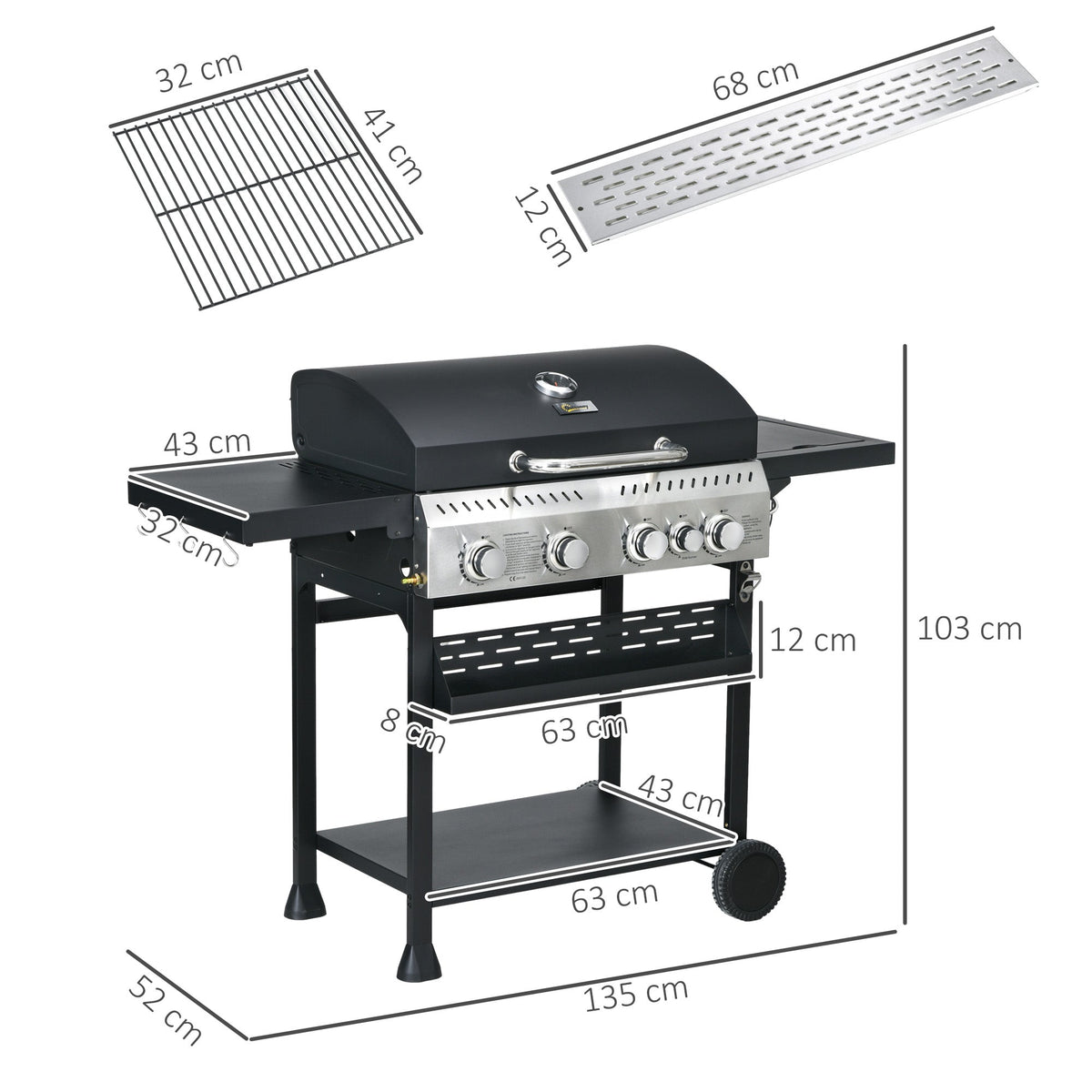 Outsunny Five-Burner Steel Gas Grill, with Thermometer - Black - product image 3
