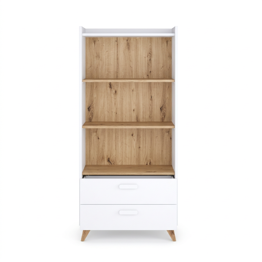 Close up of the Mood MD-03 Bookcase 72cm showing the wood effect shelves and white drawer fronts