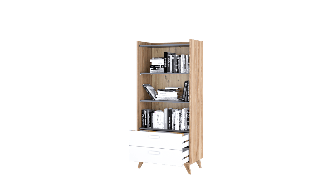 The bookcase with books and decorative items on the shelves and drawers open