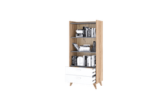 The bookcase with books and decorative items on the shelves and drawers open