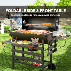 Outsunny Charcoal BBQ Grill with Foldable Front Side Shelf, Portable Barbecue Smoker with Warming Rack, Bottom Shelf, Lid, Temperature Gauge, Wheels for Outdoor Cooking Garden Party, Black