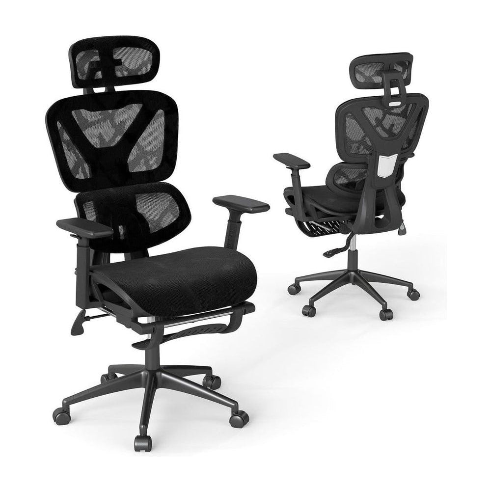Mesh Office Chair with Retractable Footrest and Waterfall Seat, shown from front and back