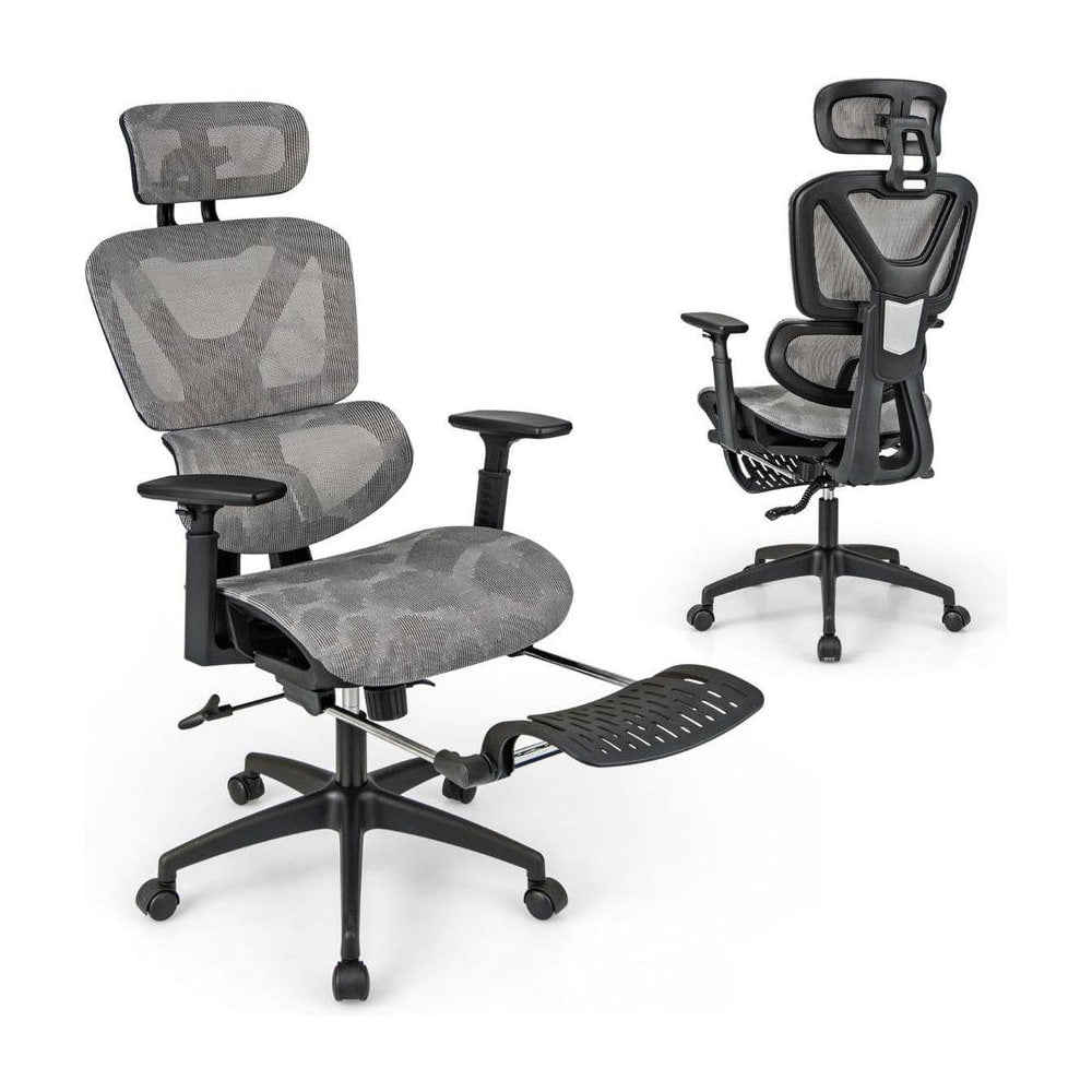 Mesh Office Chair with Retractable Footrest and Waterfall Seat shown from front and back angles