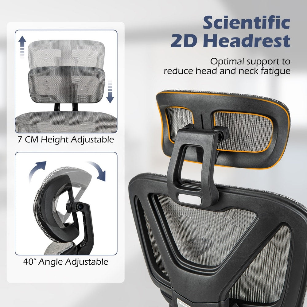 The office chair showing the adjustable headrest height and angle settings