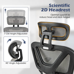 The office chair showing the adjustable headrest height and angle settings