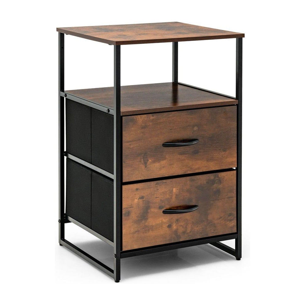Metal Frame Storage Cabinet with two drawers and a wooden top, shown against a white background