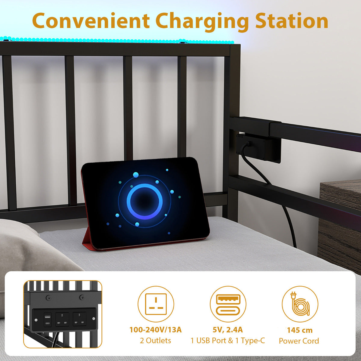 Metal Single Size Daybed with Charging Station and LED Lights-Black