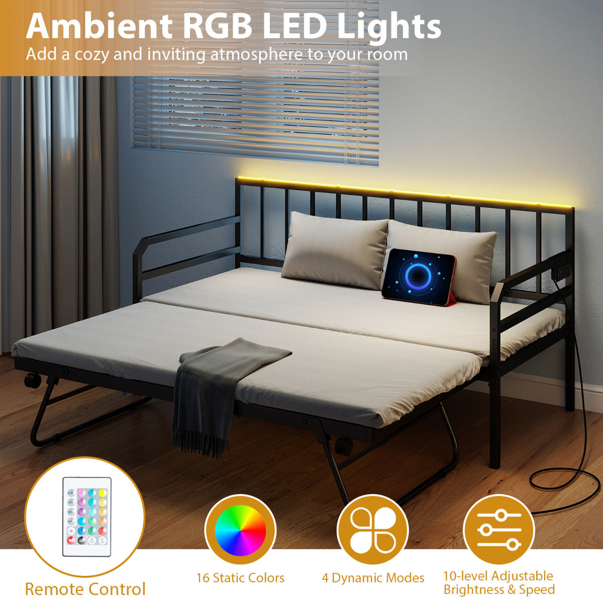 Metal Single Size Daybed with Charging Station and LED Lights-Black