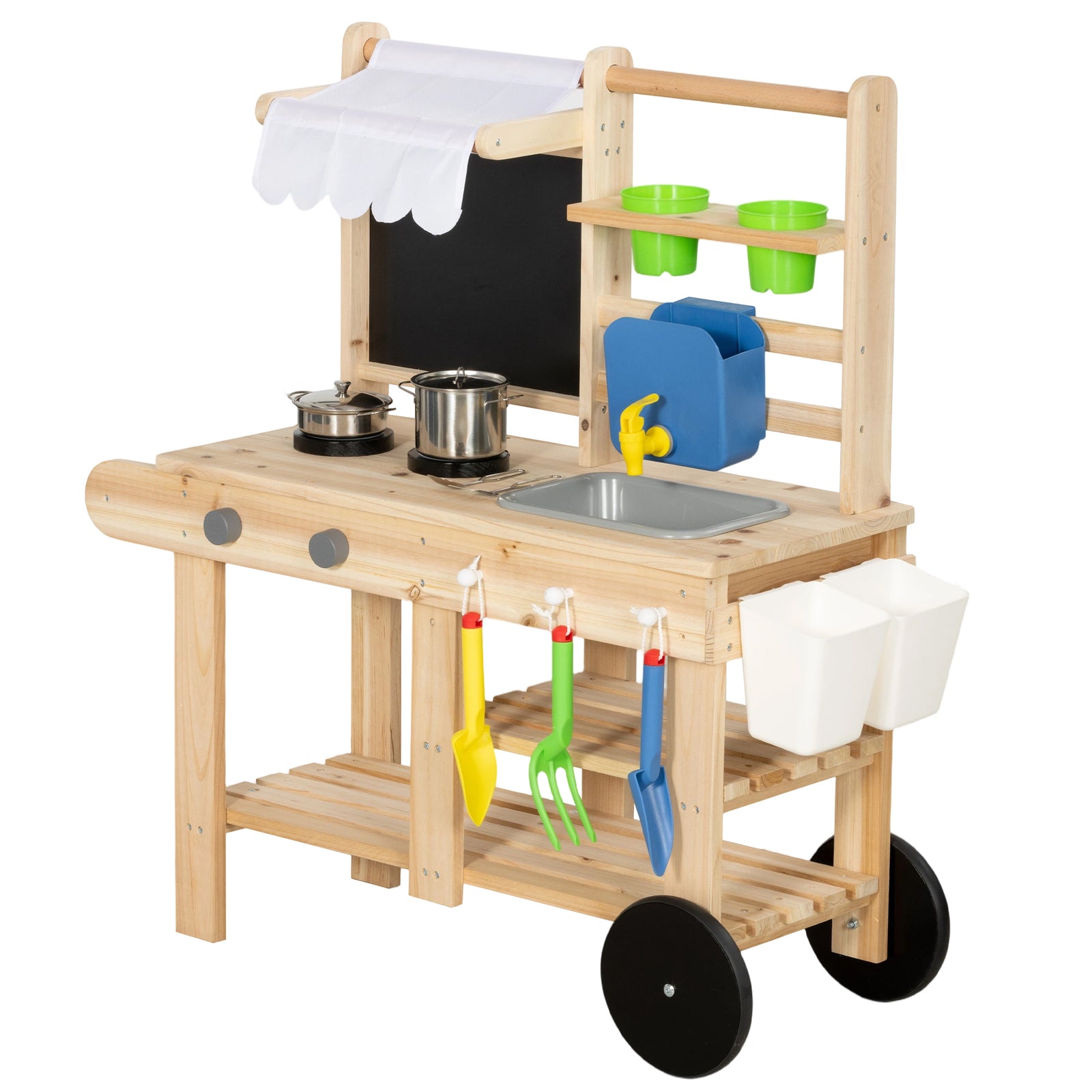 AIYAPLAY Mud Kitchen with Real Water Faucet Pretend Play Kitchen Playset with Sink and Storage Natural Wood