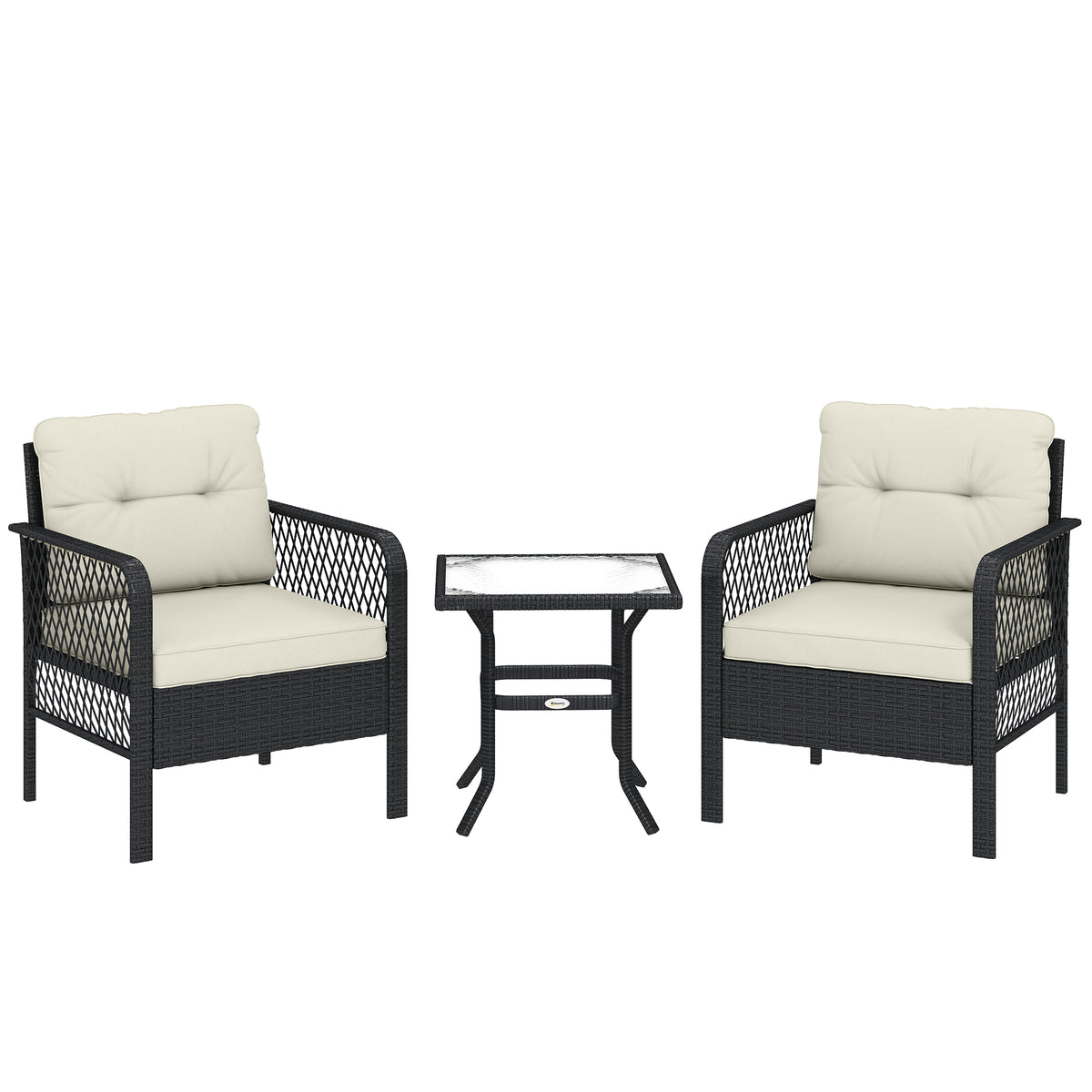 Outsunny 3 Pieces Rattan Bistro Set with Glass Top Coffee Table, Chairs and Cushions for Outdoor, Patio, Balcony, Cream