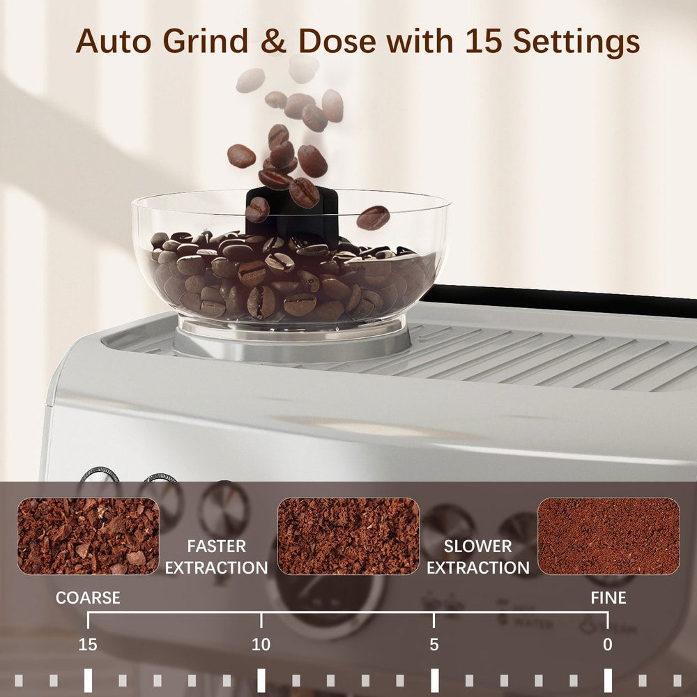 Close up of coffee beans being ground with settings for coarse and fine