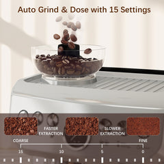 Close up of coffee beans being ground with settings for coarse and fine