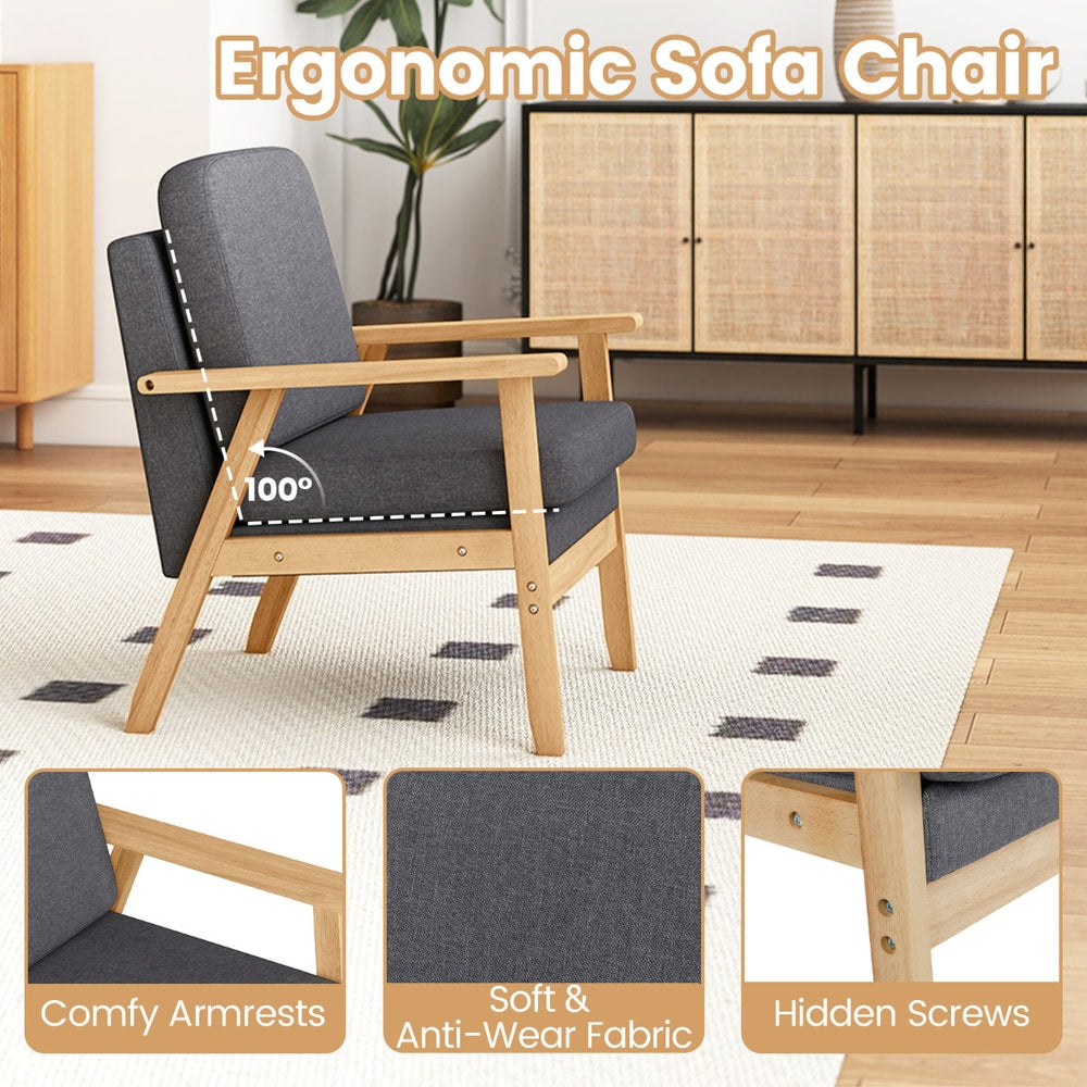 The accent chair from the side showing the backrest angle and close-up details of parts