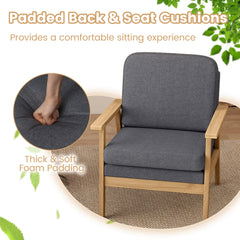 The accent chair with a circular inset showing a hand pressing into the soft seat cushion