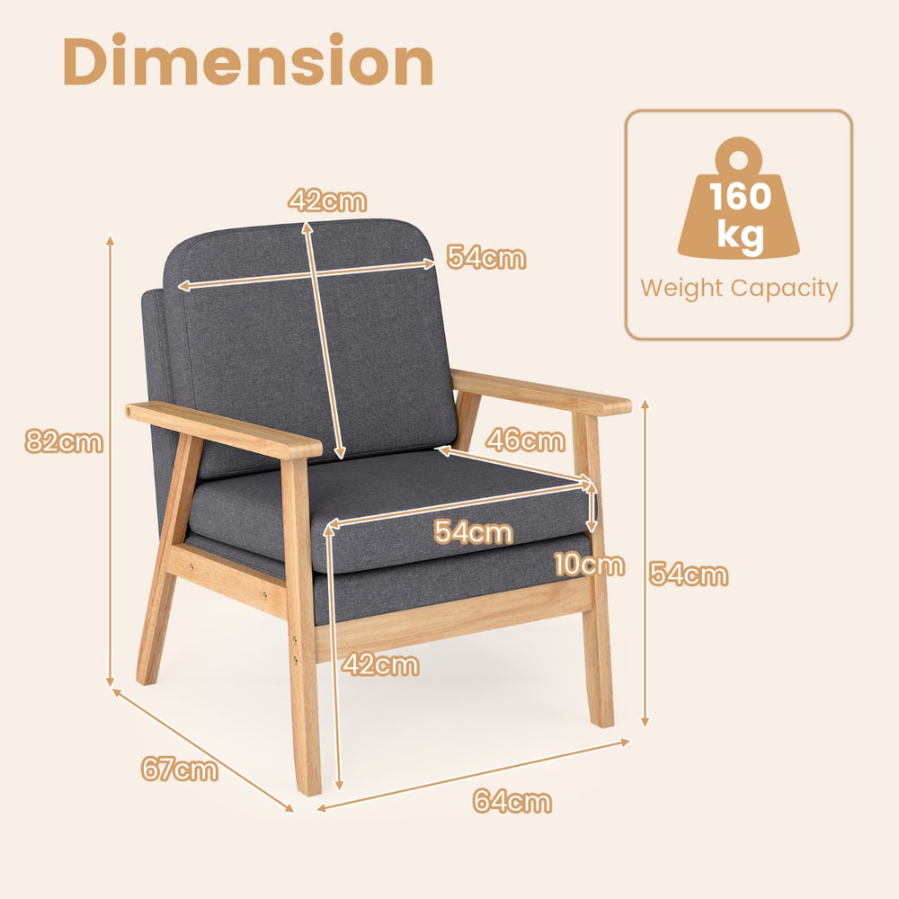 The accent chair shown with various dimension lines and measurements in centimetres