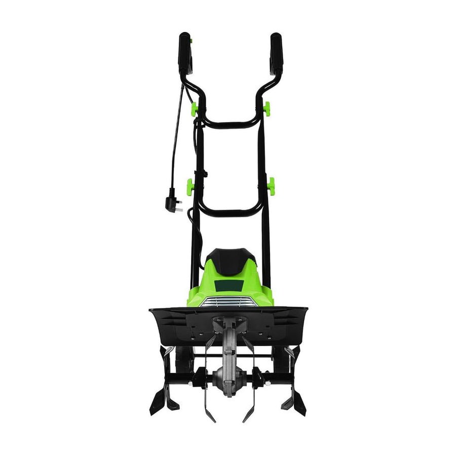 Mini Cultivator with Foldable Handle and Adjustable Wheels showing its front with green body and black handles