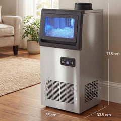 the commercial ice maker machine with dimensions shown, placed on a wooden floor