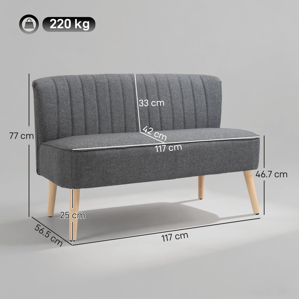 HOMCOM 46" Loveseat Sofa Upholstered Small 2 Seater Sofa with Thick Padded Seat and Rubber Wood Legs, Grey