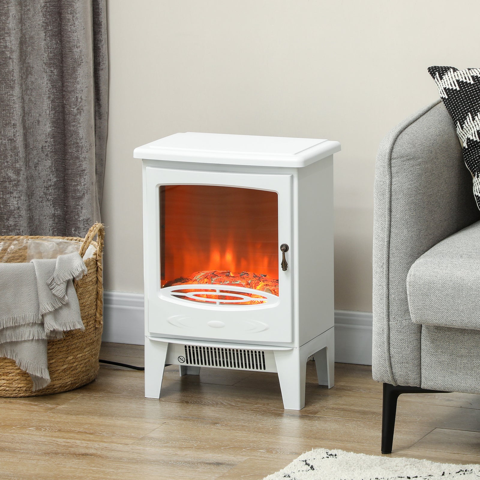 HOMCOM Tempered Glass Casing Electric Fireplace, Freestanding Electric Fire with Realistic Flame Effect, Log Burner with Overheat Protection, 1000w/ 2000W, White