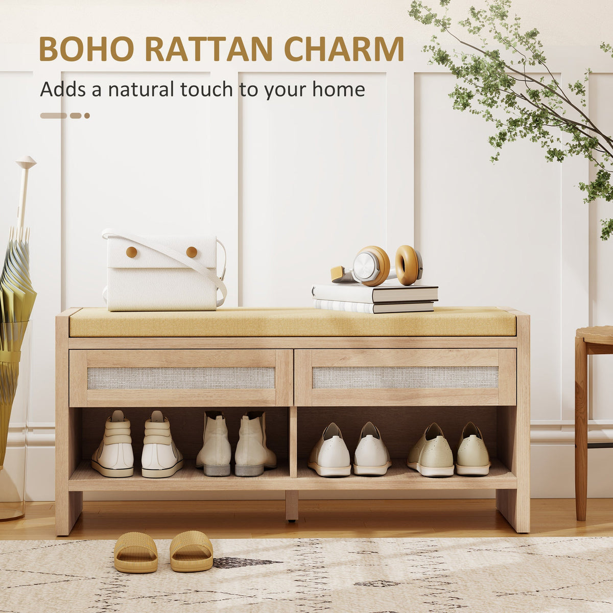 HOMCOM Boho Shoe Bench with 2 Rattan Drawers, Shoe Storage Bench with Cushioned Seat and Open Shelf Oak Wood Effect