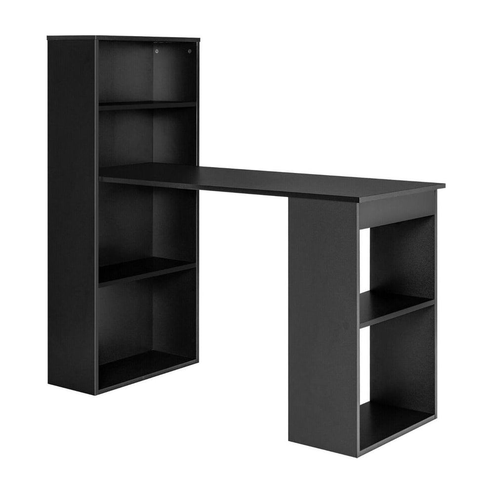Modern 3-in-1 Wooden Computer Desk with 6-Tier Storage Bookshelves in black against a white background