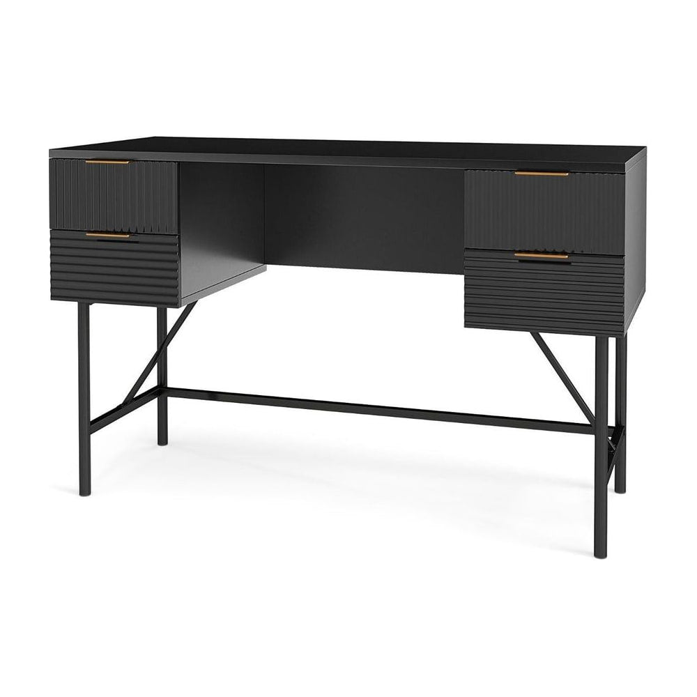 Modern Computer Desk with 4 Drawers and Storage, a black desk with ribbed drawer fronts and gold handles