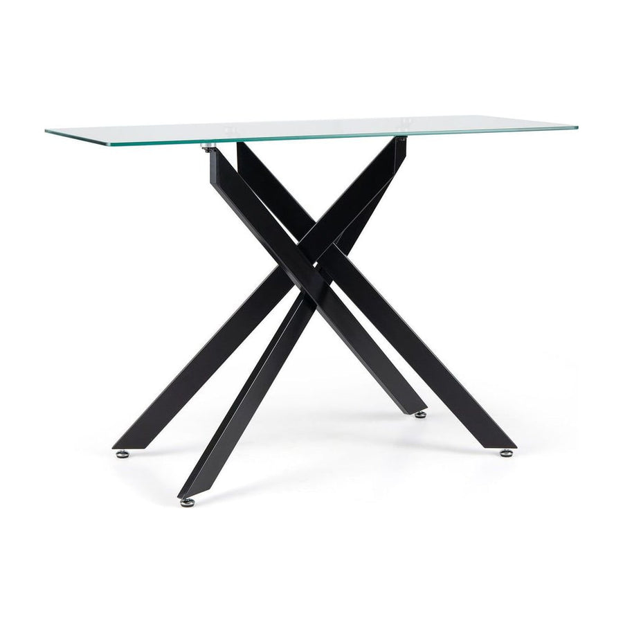Modern Glass Console Table with a clear rectangular top and black crisscross tubular legs