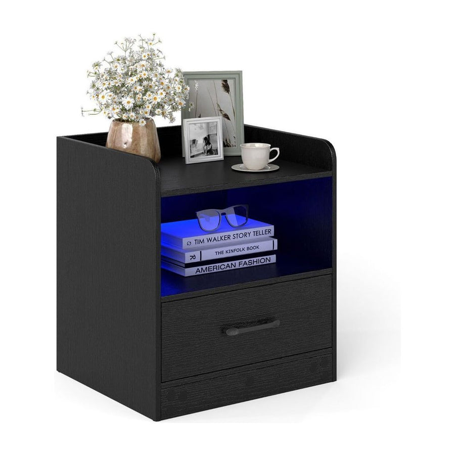 Modern Nightstand with Drawer and Open Shelf for Living Room and Bedroom-Black