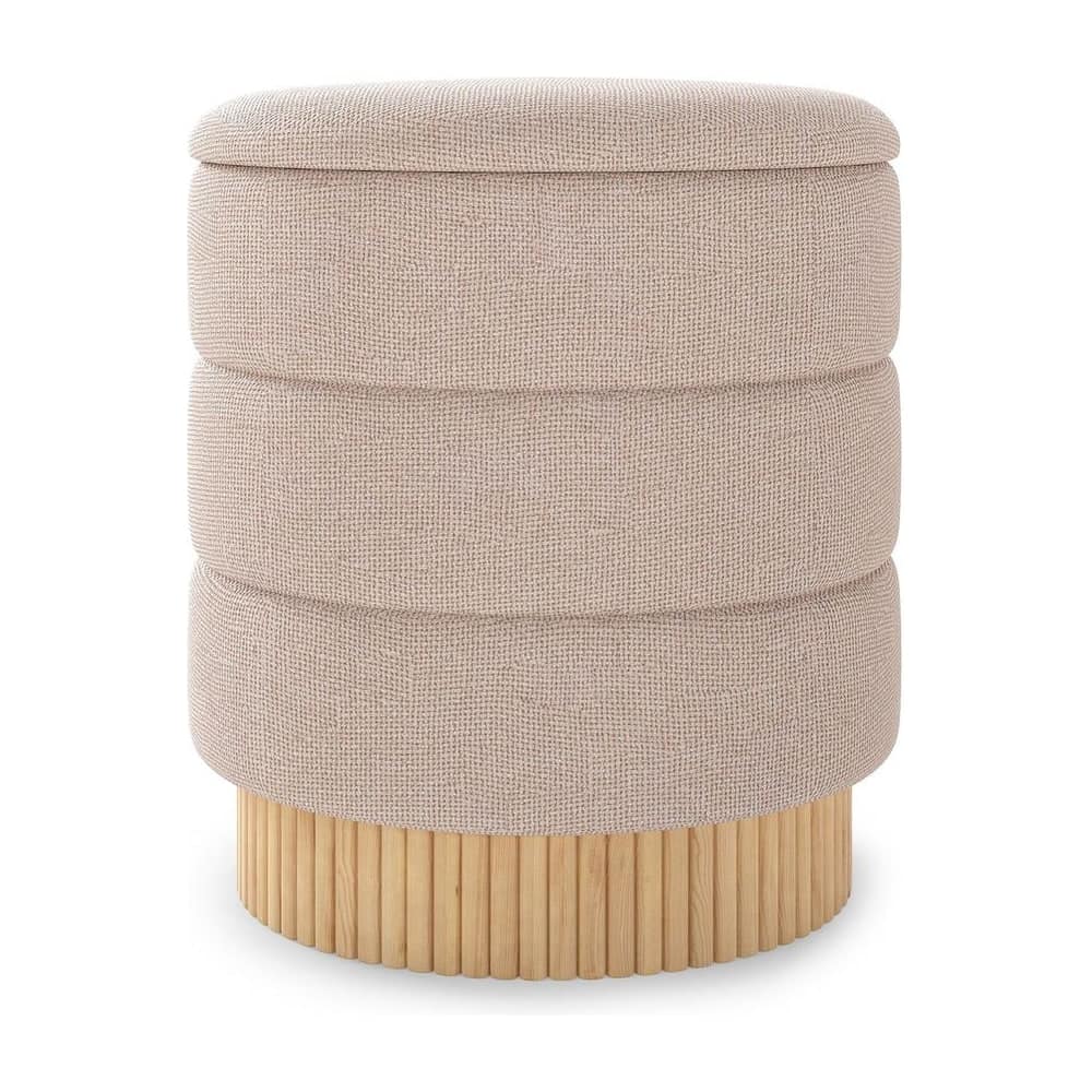 Modern Round Storage Ottoman with removable lid and solid wood base in beige fabric